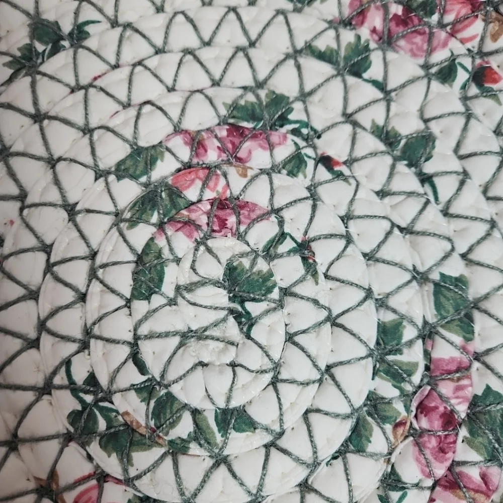 Vintage Braided Rag Rug Basket with Handles - Floral White Pink Green Tan